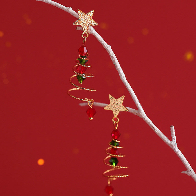 S925 Silver Christmas Tree Star Tassel Earrings