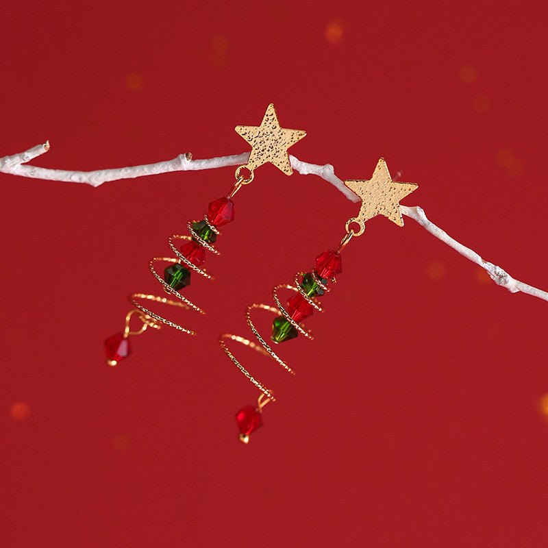S925 Silver Christmas Tree Star Tassel Earrings